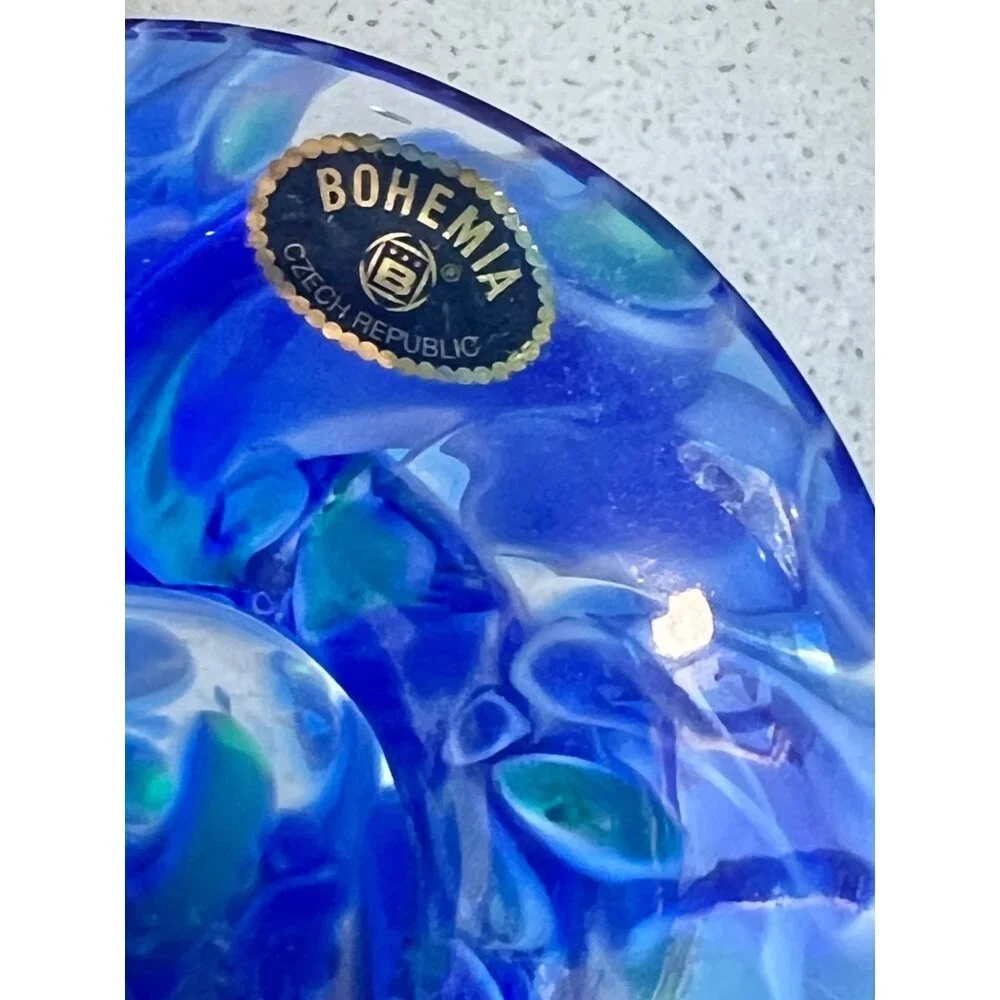 Bohemia Czech Republic Vase Blue & Green Swirl Blown Glass  6” READ Gift Art